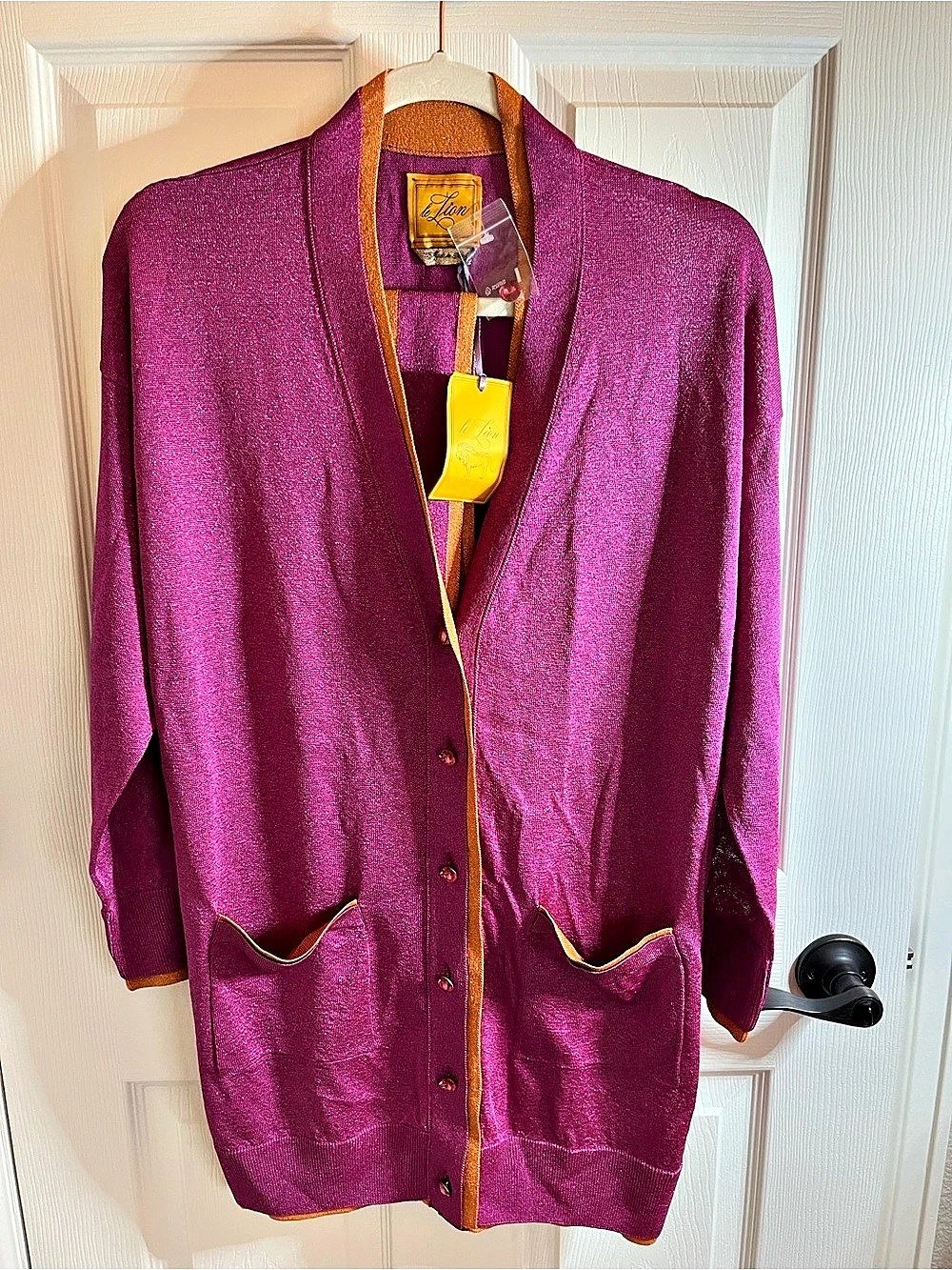 Le Lion CoCo V-Neck Long Cardigan Cerise (pink with orange trim). SZ M NWT